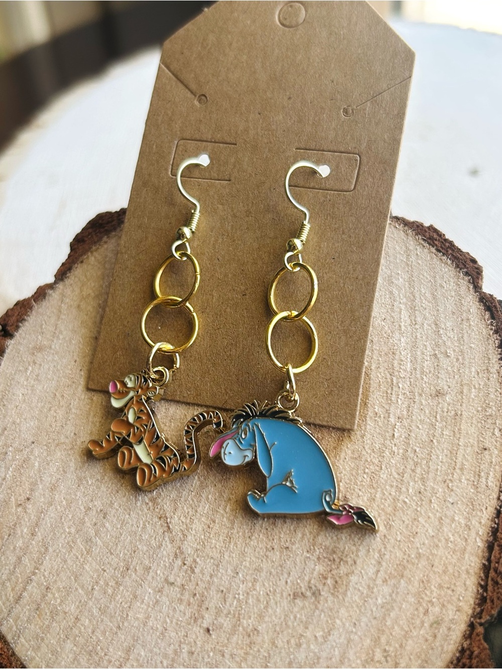Disney Winnie the Pooh Tigger & Eeyore Handmade Dangle Earrings Gold Tone - Picture 4 of 6